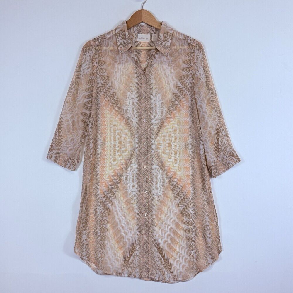 Chico's Beige Tan Sheer Chiffon Swirl Half Sleeve‎ Tunic Top Women's 0 Small 4